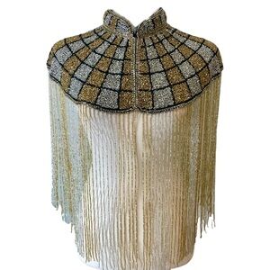 Silver and Gold Geometric Hand Beaded Fringe Cape